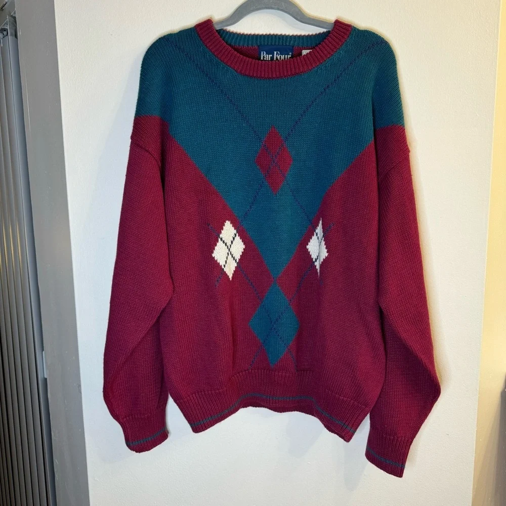 Vintage Par Four Men's Red Blue Argyle Long Sleeve Crew Neck Pullover Sweater